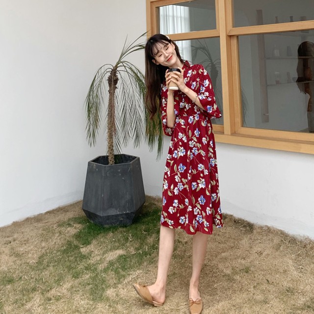 ワインレッド フリーサイズ 総柄 3色 ワンピース 花柄 レディース 女の子 ワンピース ドレス チュニック シンプル フレア フラワー シフォンドレス とろみ 半袖 Aライン Jiiji
