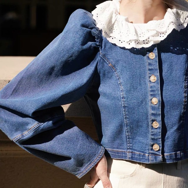 frill neck denim tops