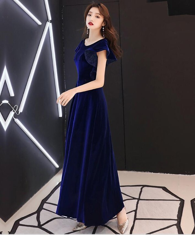 小さいサイズもあり ウェディングドレス カラードレス 青 ロイヤルブルー ベルベット生地 ロング お呼ばれドレス おしゃれ着 Cinderelladress