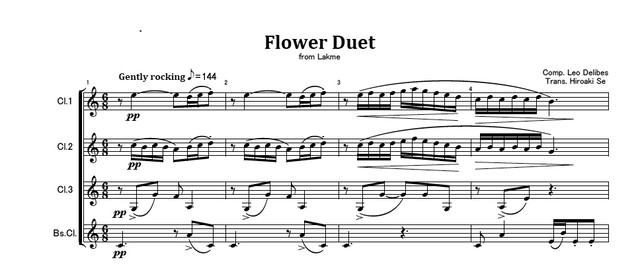 クラリネット四重奏 ドリーブ歌劇 ラクメ 花の二重唱 楽譜 吹奏楽アンサンブル楽譜のアトリエ アニマート