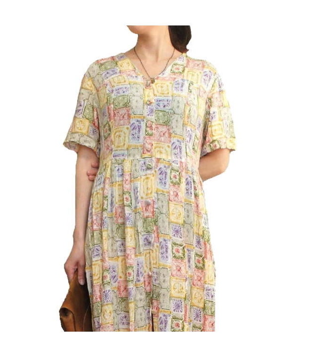 古着 80年代 植物プリント シフォン ワンピース ブルー Nuts Smith Street Market