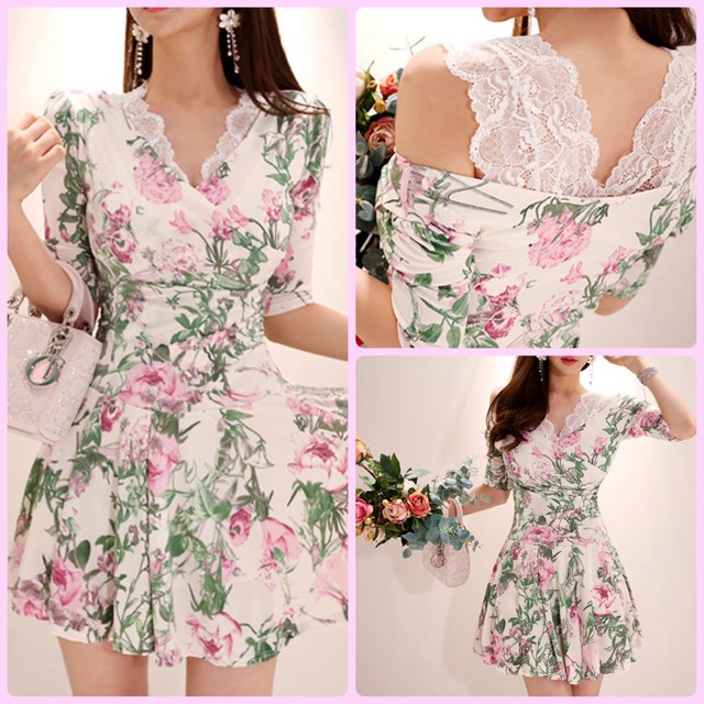 ピンク フラワー 花柄 ワンピース 可愛い 緑 レース オフショルダー ドレス Xl 葉っぱ バラ 薔薇 ローズ ミニスカート ドレス ワンピース フレア チュニック Loveysmileshop