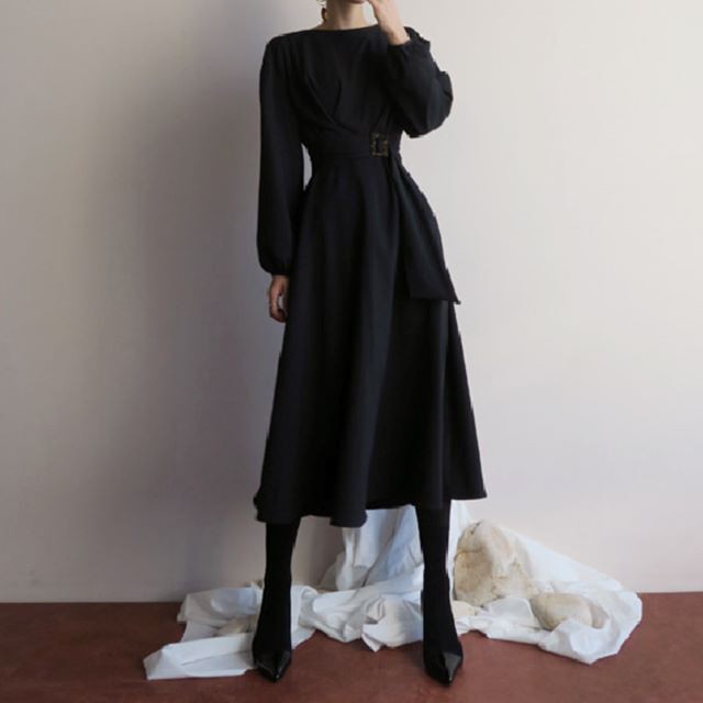 送料無料 2カラー ウエストベルト シック ワンピース ドレス レディース お出かけ お呼ばれ 女子会 食事会 同窓会 ディナー パーティー 二次会 デート 無地 ブラック ブラウン 袖あり 長袖 ウエストマーク ひざ下 ミディアム丈 襟なし Aライン ドロップショルダー 大人