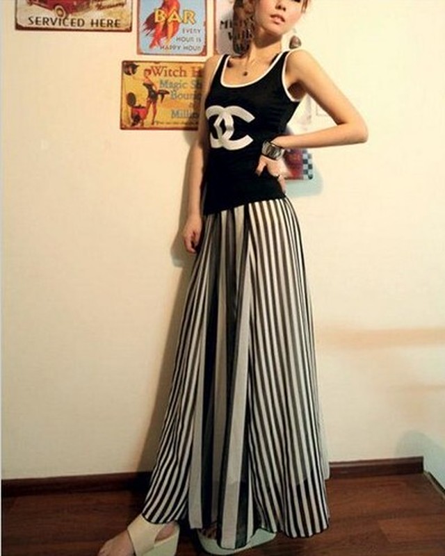 シフォン ロングスカート ストライプ マキシ丈スカート Amaryl