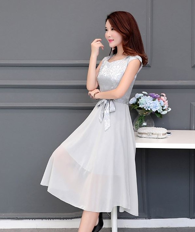 ワンピース フェミニン ラウンドネック ノースリーブ ひざ丈 ワンピ ウエストリボン プリーツスカート 2次会 デート お出かけ お呼ばれ 春夏 ワンピース Happy And Active