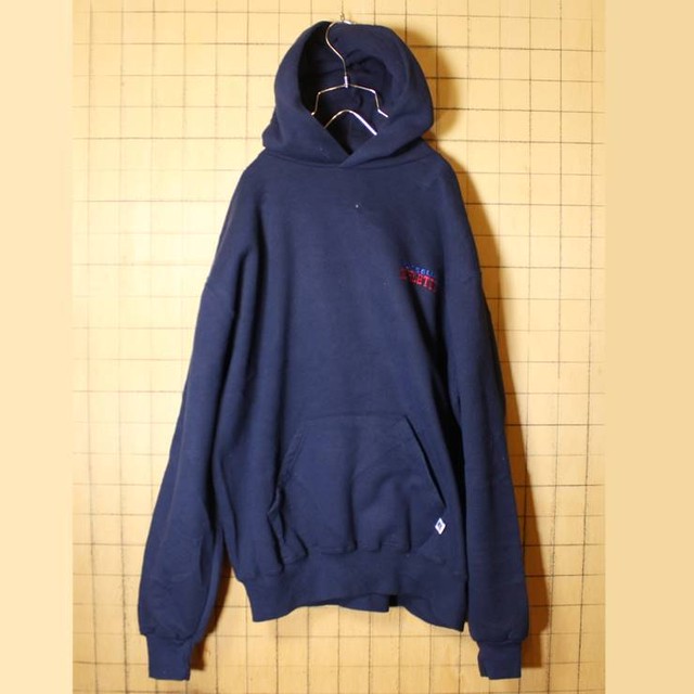 Russell Athletic ワンポイント スウェットパーカー ネイビー メンズl ラッセルアスレチック フーディー 刺繍 古着 1007aw26 古着屋ataco Garage