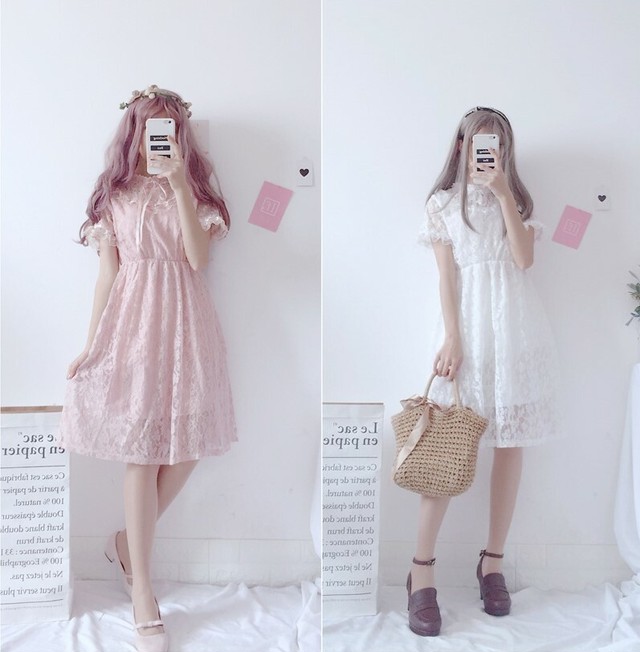 レースワンピース ひざ下丈 ひざ丈 スタンドカラー 半袖 フレア袖 袖フリル 総レース 無地 Xライン Aライン ガーリー 春夏 お出かけ お呼ばれ 結婚式 二次会 ロリータ 甘ロリ 原宿 Dea