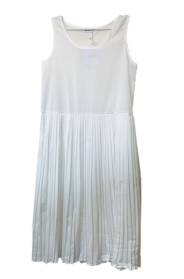 即納 国内在庫限り インナーワンピース レイヤードワンピ ノースリーブワンピ ロング プリーツ 重ね着用 サテン ウエスト切り替え Lcs2516tyc Leicloset