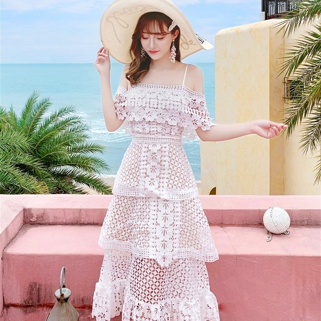送料無料 リゾートワンピース ロング ビーチドレス レース 透け ワンピース リゾート レースオフショル ワンピ 体型カバー カバーアップ ビーチウェア Sarubia パーティードレス ワンピース専門店