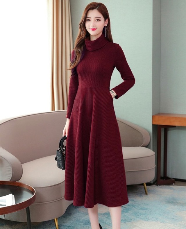 ニット ワンピース ドレス ハイネック 襟付き 長袖 シンプル 上品 清楚 Aライン ミモレ丈 フォーマル パーティー Fashionlover