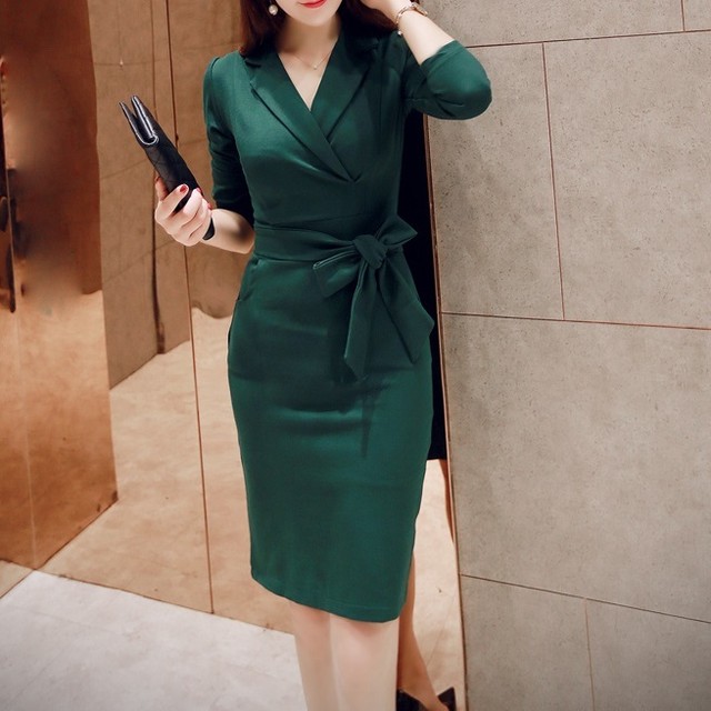 テーラード リボン ワンピース タイトスカート ミニ丈 膝丈 ストレッチ 春服 秋服 通勤 レディース I0221 Aeka Clothet For Worker