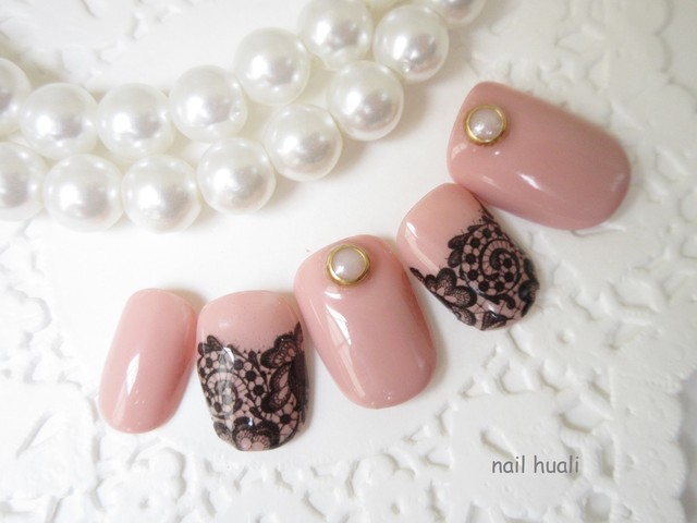 ブラックレースネイルチップ Nail Huali