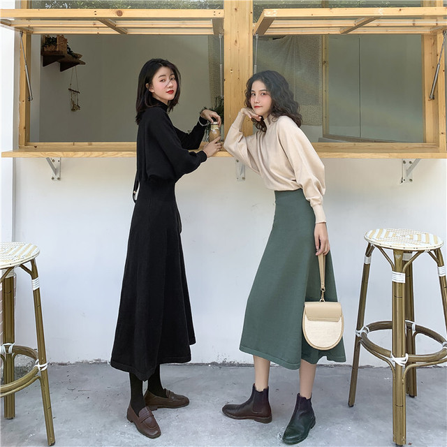 ドッキングワンピース ニット ハイネック 長袖 ドルマンスリーブ ロング丈 ミモレ丈 フレア Aライン 無地 バイカラー シンプル ナチュラル フェミニン ガーリー きれいめ 秋 冬 Pp Mahha Planet