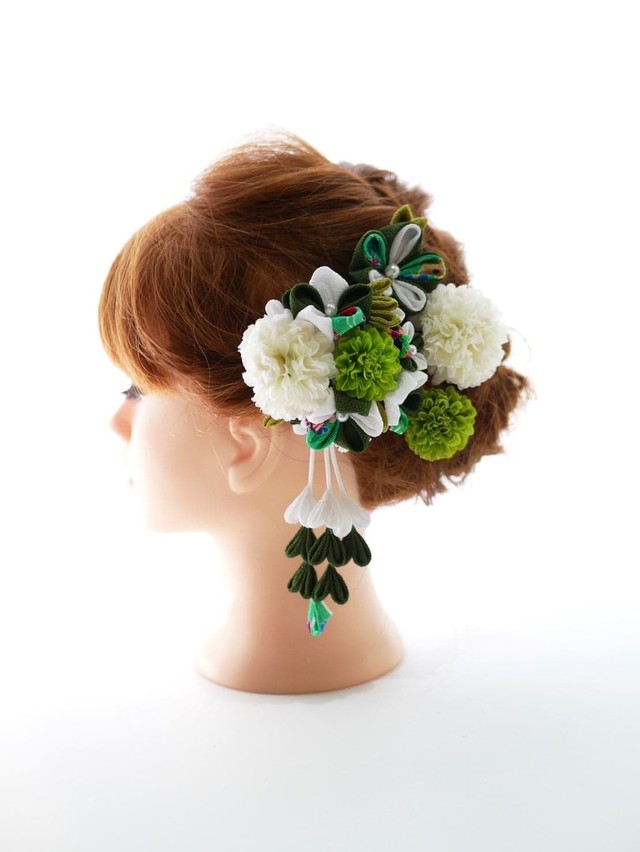 E5 つまみ細工とマムの髪飾りセット グリーン Lomeri ロメリ お花のヘアアクセサリー専門店