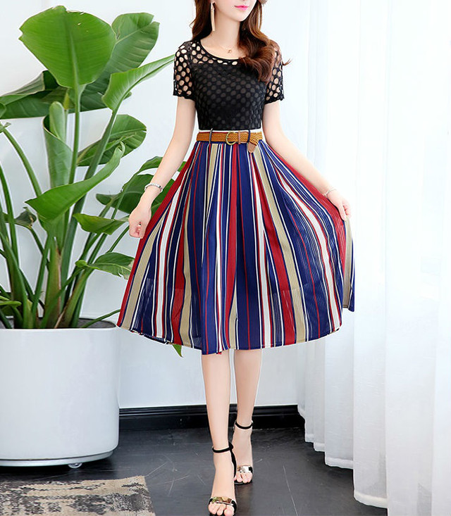 ハイウエスト ワンピース ストライプ ツーピース 半袖 レディース スカート パーティ マルチカラー Aeka Clothet