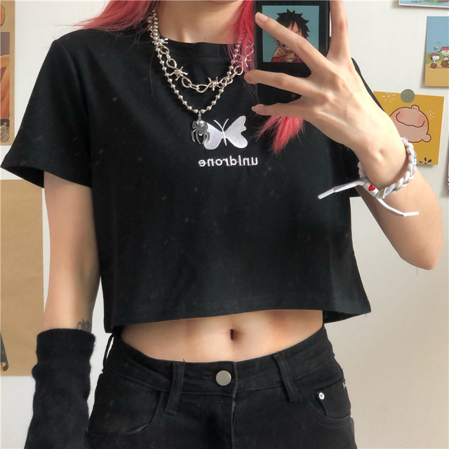 ショートtシャツシャツ レディース夏服韓国ファッショントレンドスタンダードbutterflyデザイン 刺繍ゆったりトップス レトロ 夏物 スタイル デーモン Pleglad Demon