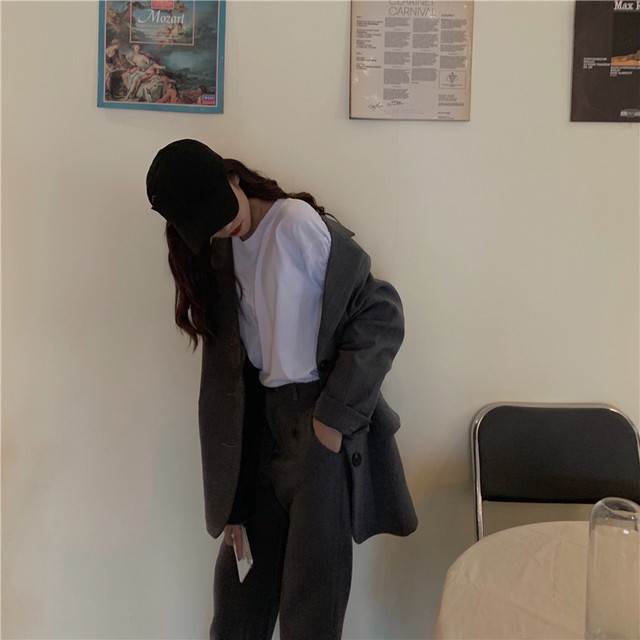 セットアップ レディース パンツスーツ ジャケット レディース テーラードジャケット レディース 冬 ワイドパンツ レディース ロング ゆったり フォーマル かっこいい シンプル 着まわし グレー Evergreen