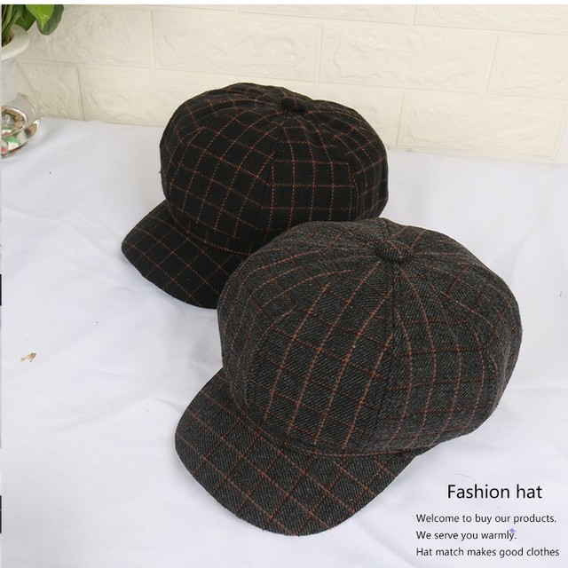 全4色 キャスケット 帽子 チェック ウール つば付き ベレー ハンチング おしゃれ かわいい シンプル レトロ お出かけ デート 女子会 カーキ ブラウン ダークグレー ブラック 秋冬 Like Fashion
