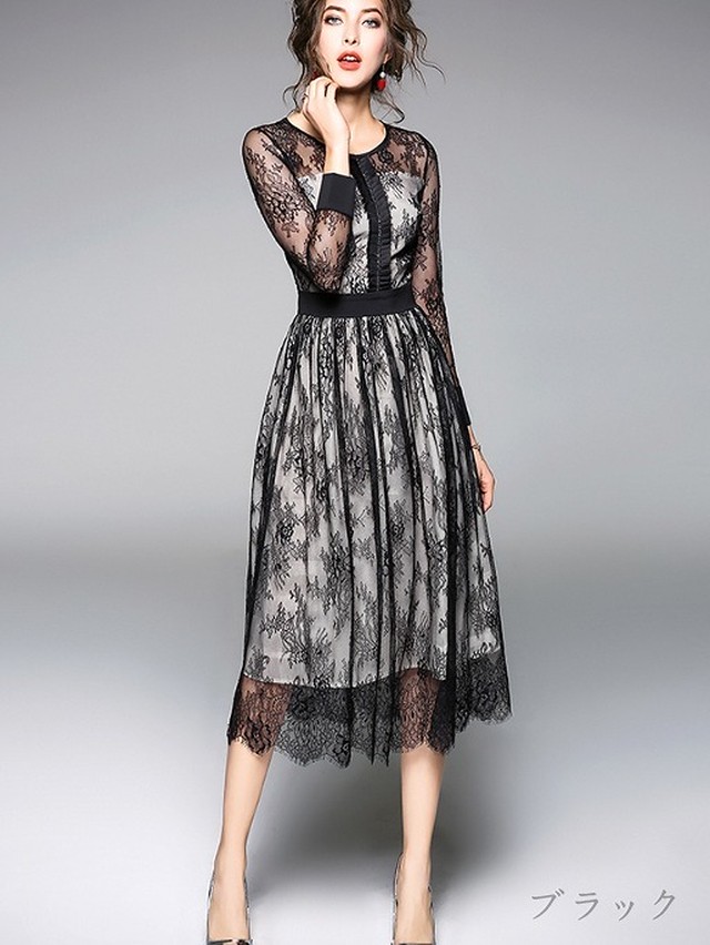 送料無料 L 11号 長袖透け感のあるレースのインナー付きワンピース Opn56 Fairysouls