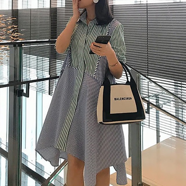 夏新作 ストライプシャツ シャツワンピース ビッグシルエット 膝丈 ワンピース きれいめ レディース アシンメトリー ワンピース S0006 Aeka Clothet