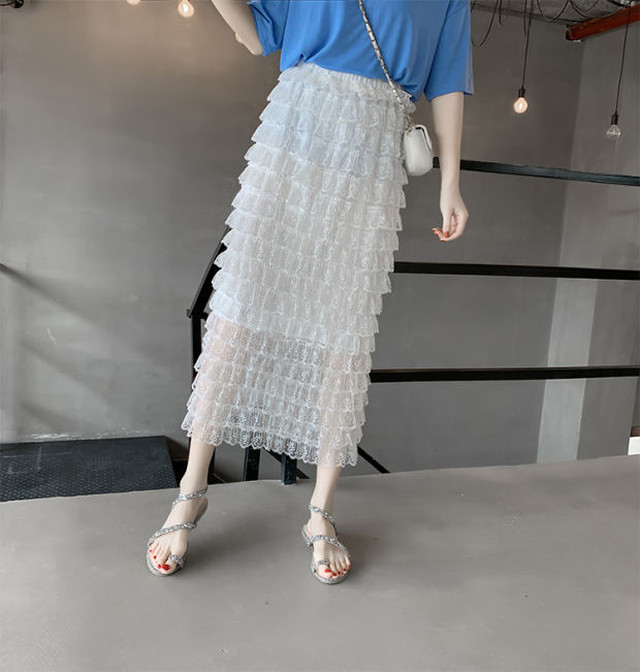 新作 レースマルチレベルケーキスカートスカートミドル丈ハイウエストメッシュスカートロングスカートバージョン ハイウェスト 伊人轻熟女装 Splendo