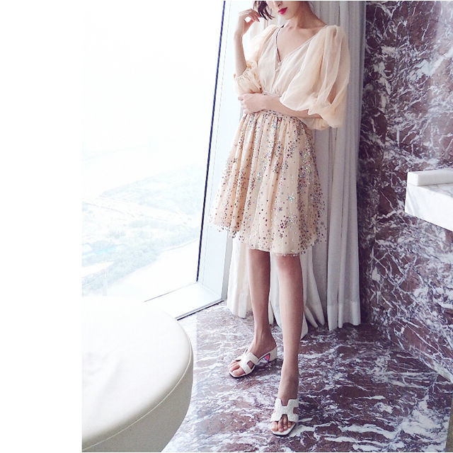 ハイウエスト スパンコールワンピース Vネック パフスリーブ ワンピース フォーマルワンピース レディース フォーマル 結婚式 お呼ばれ ドレス 代 30代 二次会 ワンピース パーティー ドレス Aeka Clothet Partydress