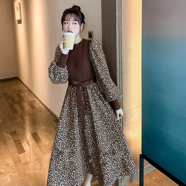 大人ワンピース通勤 ロングワンピース きれいめワンピ新作 異素材 ワンピース レディース 花柄ワンピ ロング丈 ドッキングワンピース 長袖 ニットワンピ 異素材 ワンピース レディース 花柄ワンピ ロング丈 ドッキングワンピース 長袖 ニットワンピネット通販 購入 激安