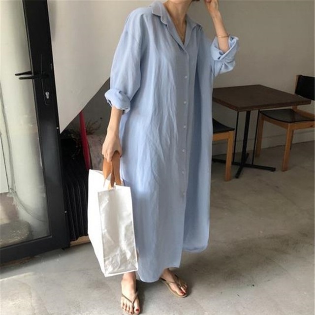 おうちコーデ シャツ ワンピース 長袖 ゆったり シンプル 大人可愛い 大きいサイズ ホワイト ブルー S M L Xl Cinnammon シナモン 大人可愛いレディースファッション