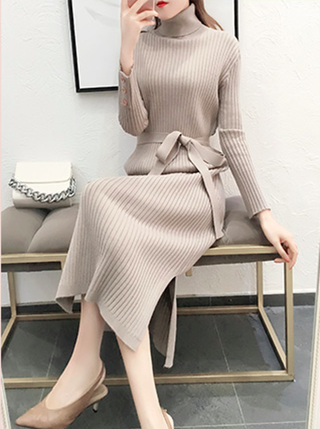 ワンピース ニットワンピース ロングワンピース リブワンピース リブワンピ ワンピ ニットワンピ ロングワンピ ニット ロング丈 ハイネック 長袖 無地 Iライン タイト スリット 大人可愛い カジュアル セクシー フェミニン ガーリー こなれ感 シンプル きれいめ 韓国