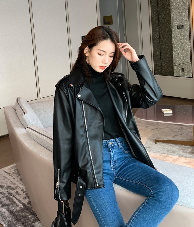 レザー ライダースジャケット 革ジャン ジャケット エコレザー 丈長 大きめ Mitchie Mary