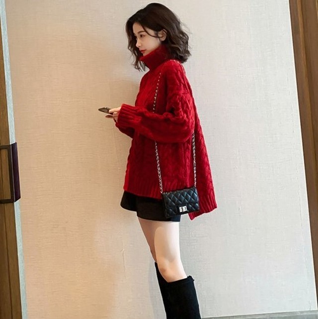 ざっくりニット オーバーサイズ タートルネック ケーブルニット アラン柄セーター ローゲージ 大人カジュアル ガーリー 可愛い お出かけ デート 秋冬コーデ Uki Uki