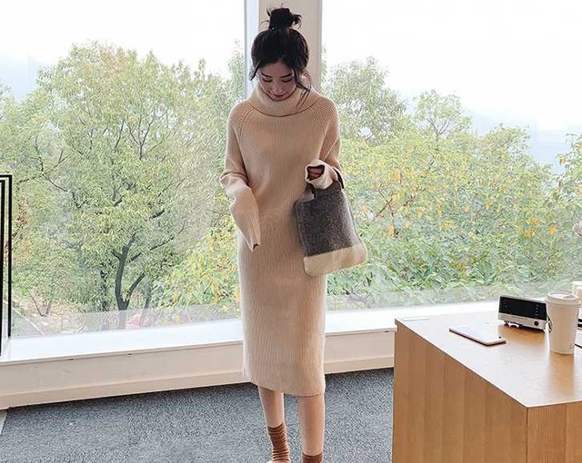 ニットワンピース ロング ひざ下 タートルネック 長袖 リブニット ワンピース きれいめ 春 秋 冬 ロングワンピース Lalas