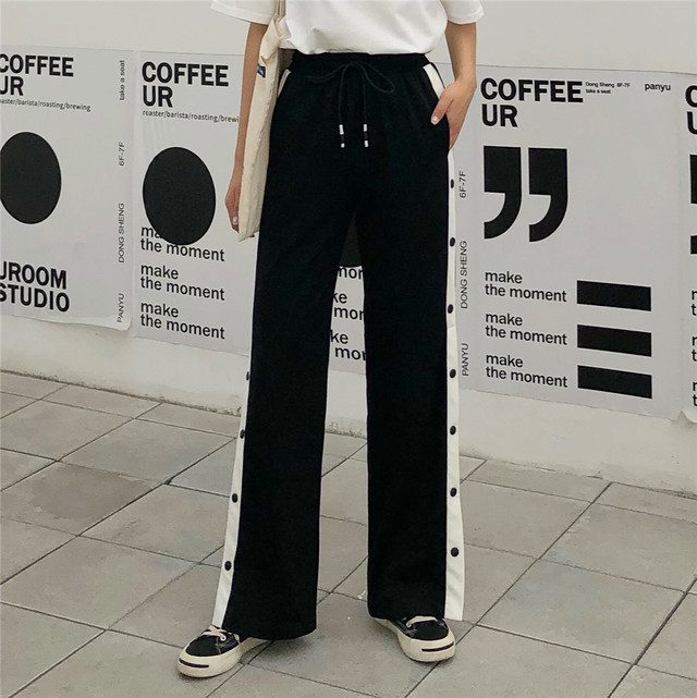 ワイドパンツ サイドライン ジャージ レディース 韓国 ファッション レディース パンツ スポーツ カジュアル 黒 ジャージパンツ ワイド スリット ボタン オープン 2way スラウチ 夏 ジャージパンツ Vestito