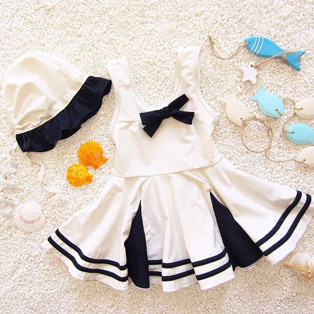 ひらひらスカート セーラー水着 子ども服 女の子 キッズ ワンピース ビキニ 白 インポート子ども服 Hikari