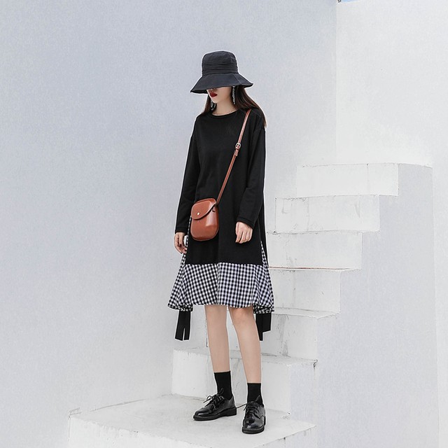 ギンガムチェック ワンピース レイヤード風ワンピース フェイクレイヤード スリット 春ワンピース 膝丈 レディース 黒 ブラック クラシック 韓国 おしゃれ チェック 1010 Idear