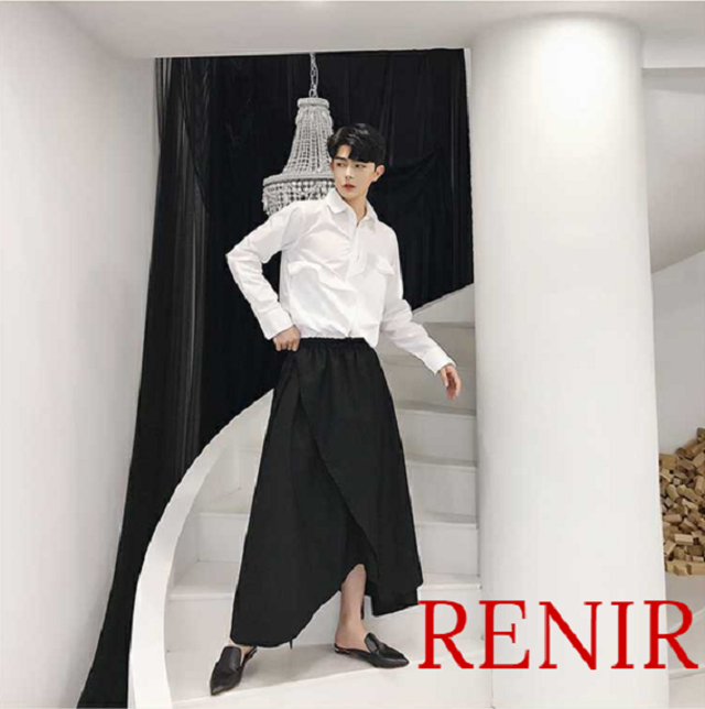 Renir レニール リボンコード付き アシメ ラップスカート メンズ 巻きスカート アシンメトリー ロング スカート モード系 ドレープ 黒 ブラック グレー ユニセックス 変形 リボン フレア フラップ レイヤード メンズスカート Renir レニール メンズファッション