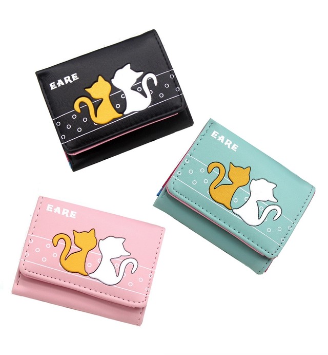 猫財布 猫柄財布 三つ折り財布 寄り添う 猫 シルエット 水色 レディース ガールズ Funhobby