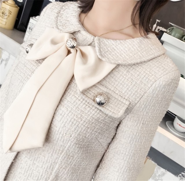 ワンピース 丸襟 リボン フリンジ ミニ丈 フロントボタン レディース ツイード 上品 エレガント 可愛い キュート 大人 長袖 キレイめ クラシカル 秋冬 ウッディーベース1号店