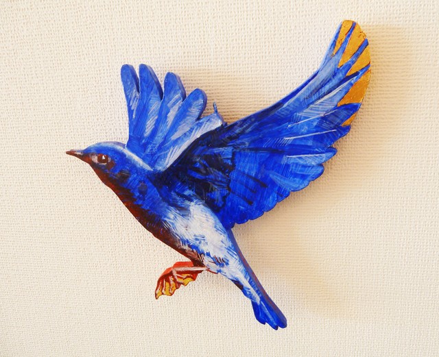 青い鳥とあなたと 飛ぶ 白川美紀 油彩テンペラアート