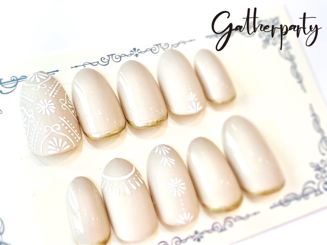 フリーサイズ ナチュラルカラー おしゃれモロッカンネイル 21 ネイルチップ 成人式ネイル お正月ネイル Gatherparty