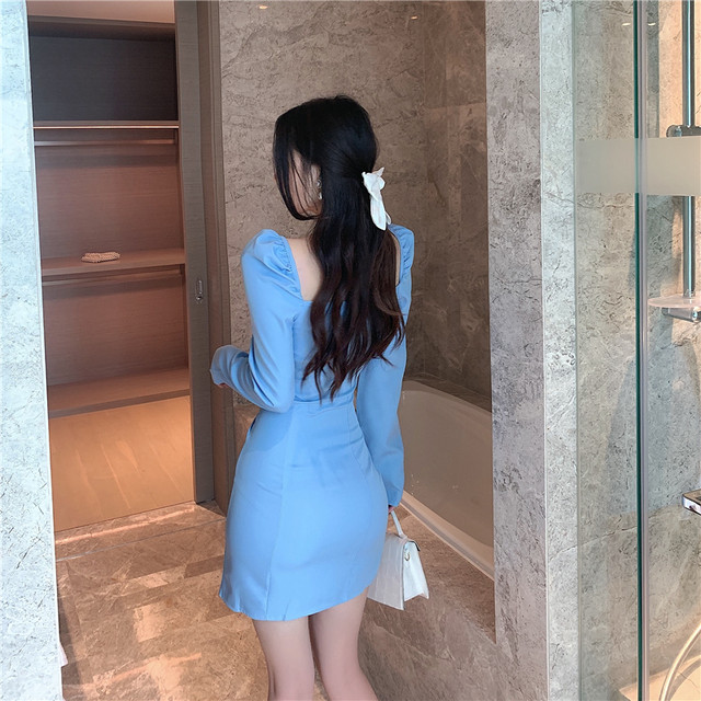 送料無料 ワンピース ドレス ミニワンピース ミニ丈 スクエアネック 長袖 パフスリーブ ミニ丈 パフスリーブ スリム タイト 細身 セクシー 足長効果 ハイウエスト ウエストシェイプ ボディコンシャス コットン 2色展開 ブルー ブラック おしゃれ キュート 大人きれい