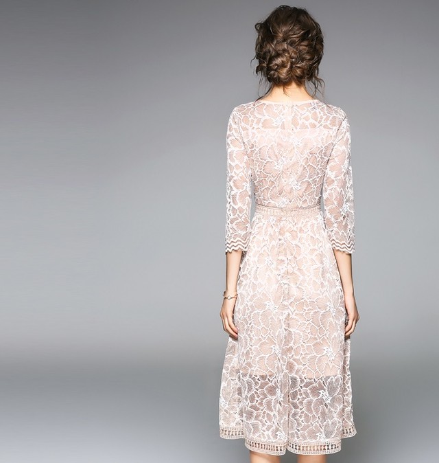 パーティードレス 結婚式 二次会 ワンピース 結婚式ドレス お呼ばれワンピース ２０代 ３０代 ４０代 袖あり 大花柄 七分袖 ミディ丈ワンピース T Selfun Dselect