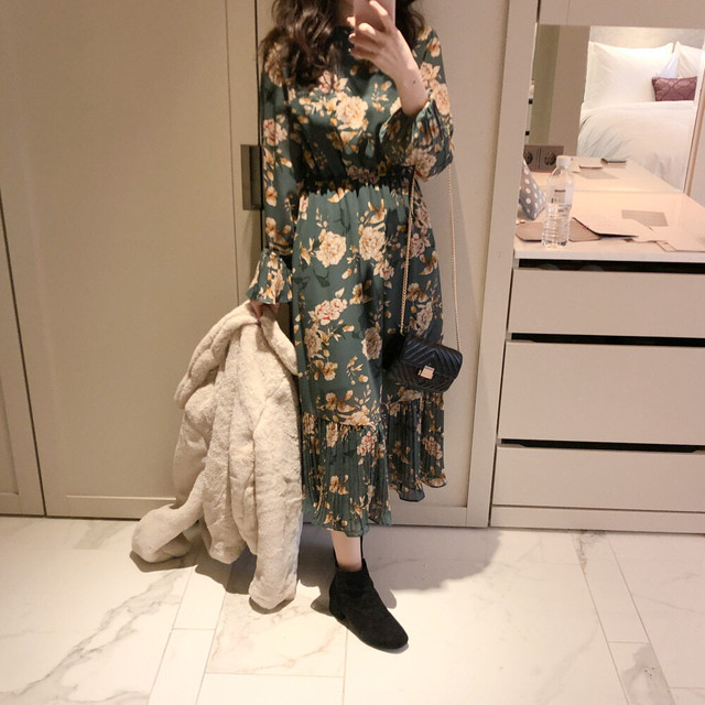 花柄プリントワンピース シフォン レトロ 花柄 ワンピース プリーツ リボン ワンピ 上品 きれいめ 長袖 ミモレ丈 ロング 大人 デート 旅行 韓国 韓国ファッション オルチャン 可愛い レディース Fa484 Musubi Me 韓国 オルチャン レディースファッションのお店