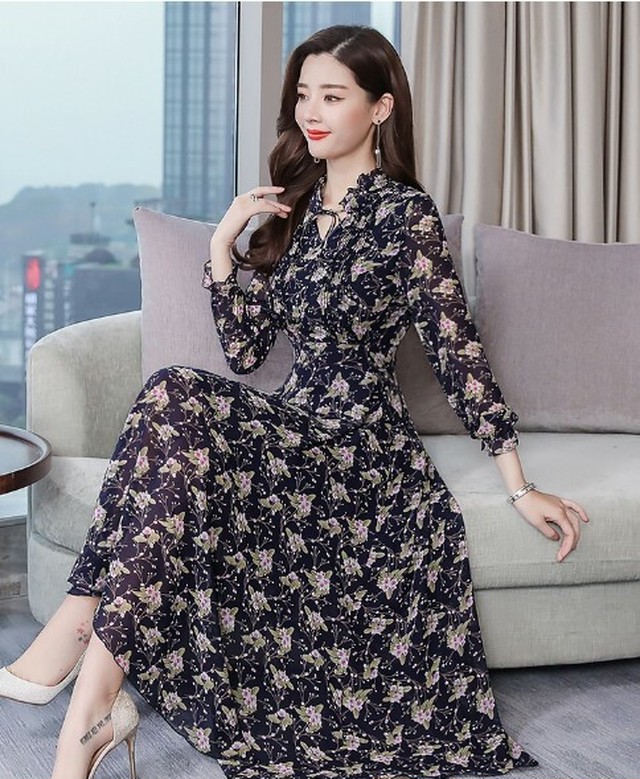 パーティードレス ワンピース 二次会 結婚式 パーティー ロングワンピース 長袖 フレア シフォン Aライン ブルー ネイビー 花柄 フリルyahauc Ms 1107 Luzly