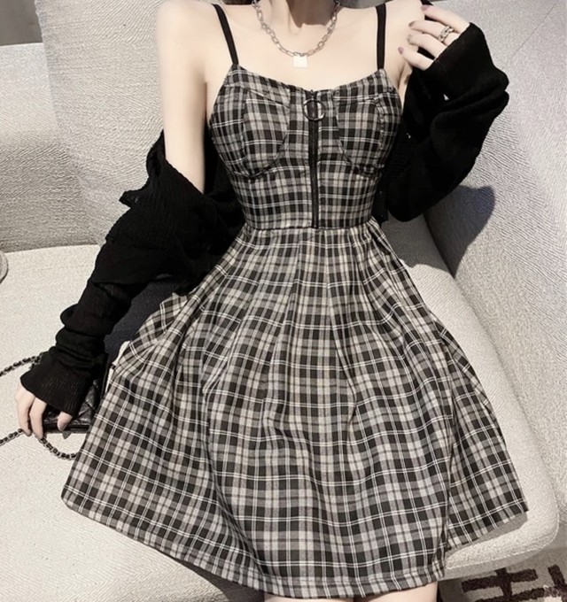 レディースファッション セットアップ カーディガン ミニワンピース チェック柄 ノースリーブワンピース ヘップバーン風 レトロ サスペンダーワンピース 春コーデ 新作 Xlまで More Lluze モア ルーゼ