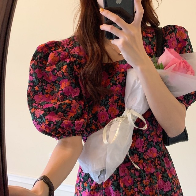ワンピース ロング丈 スクエアネック 半袖 パフスリーブ 花柄 大人可愛い フェミニン 春 夏 デート お出かけ W A 0441 Bell ベル もっと気軽に もっとオシャレを
