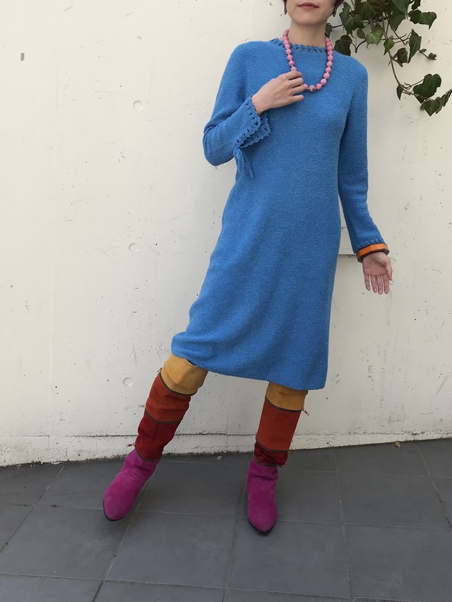60s Sax Blue Pile Dress ヴィンテージ 水色 パイル ワンピース Riyad Vintage Shop