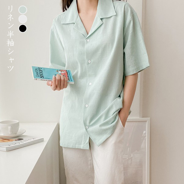 メール便可能 リネン 半袖 シャツ レディース トップス 全3色 ミント 白 黒 M L サマーシャツ 麻 ブラウス スキッパー ナチュラル 無地 シンプル カジュアル ルーズフィット ゆったり 開襟 襟つき 春 夏 秋 コーデ 韓国スタイル 韓国 ファッション