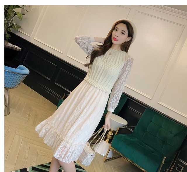 ニットワンピース 韓国 秋 冬 ワンピース レディース レースワンピース フリルワンピース ニットベスト フリル レース ハイウエスト ラウ Basecamp49