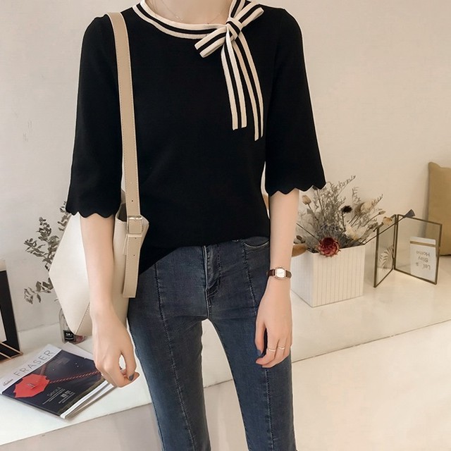 リボン 7分袖 春ニット プルオーバー 春服 秋服 バイカラー レディース トップス フェミニン デート服 通勤服 韓国 ファッション A0037 Aeka Clothet